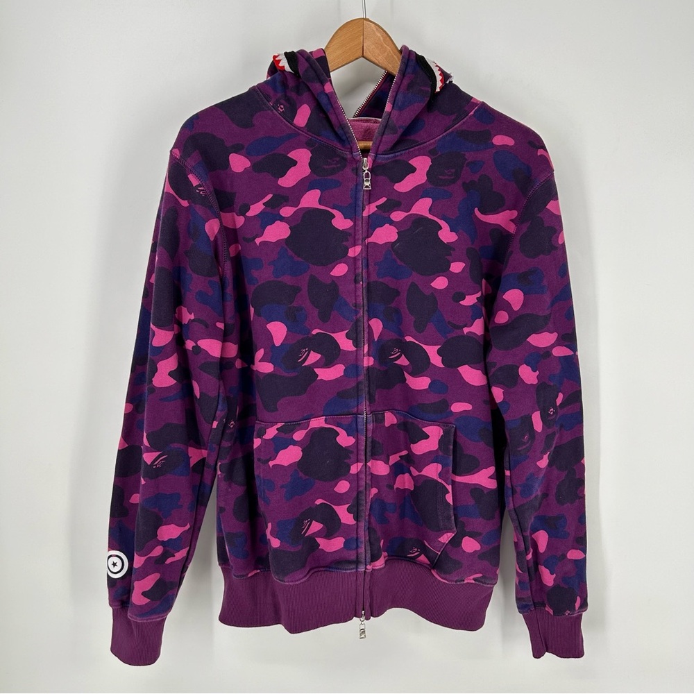 A Bathing Ape BAPE Hoodie Mens Large Purple Camo Shark Full Zip